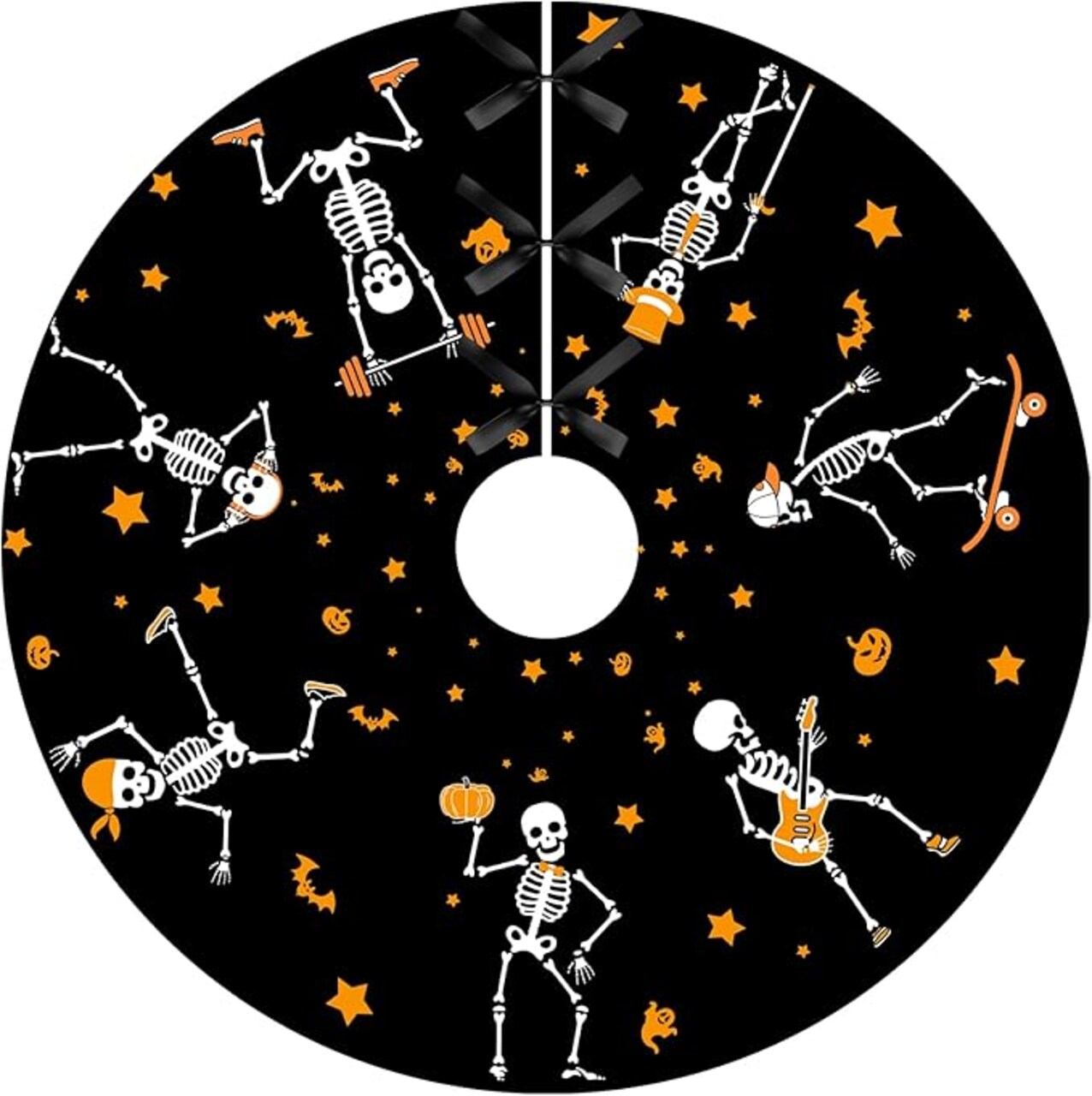 36" Halloween Tree Skeleton Skirt, Halloween Funny Skulls Pumpkin Black Orange Tree Skirts Mat Decorations, Festival Home Decor Indoor for Fall Farmhouse Party Supplies